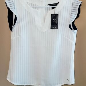 A/X Armani Exchange Ribbed Cap Sleeve Blouse White Black
